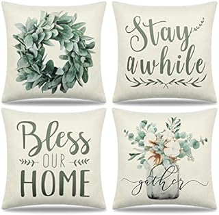 Dremisland Throw Pillow Covers 18x18 Inch Set of 4 Eucalyptus Wreath Vase Decorative Pillow Cases Green Plants Linen Cushion Covers Outdoor Sofa Couch Farmhouse Home Decoration