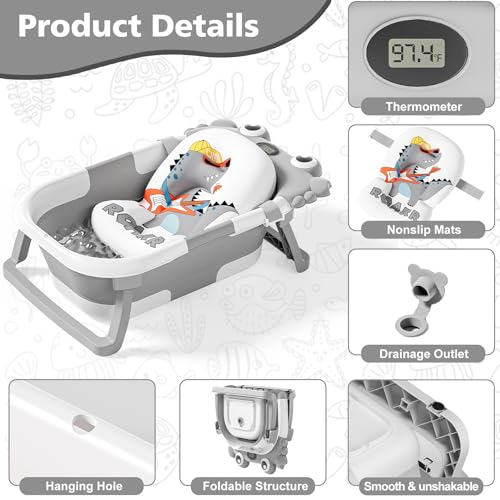 Image of Collapsible Baby Bathtub for Newborns with Thermometer and Soft Floating Cushion Portable and Foldable Travel Baby Boy Bath Tub for Infants to Toddler 0-36 Month (Grey)