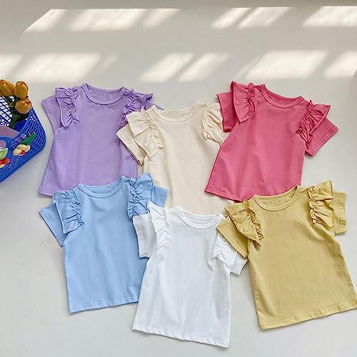 Girls' Ruffle Sleeve Shirts Cotton Cute Tops Crew Neck T Shirts Short Sleeves Kids Casual Blouse Summer Tops Tees Solid4