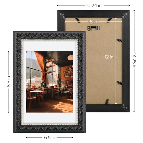 Image of Golden State Art, 8X12 Ornate Finish Photo Frame With White Mat for 7X9 Picture & Real Glass, Color: Black With Silver & Burgundy