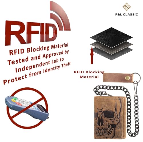 Image of F&L CLASSIC RFID Blocking Men's Tri-fold Vintage Biker Cowhide Leather Steel Chain Wallet,Snap closure, brown,skull,315-70