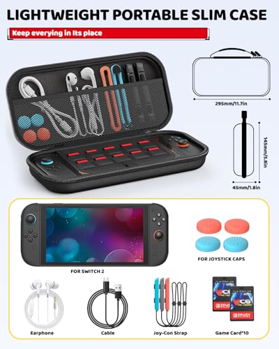 Image of Switch 2 Accessories Bundle for Nintendo Switch 2 2025(All in One Case Kit) | Portable Hard Shell Slim Case with Crystals Protective Cover kit, 2 HD Screen Protectors (7.9 Inch),Dust Plugs, 4 Thumb Grips