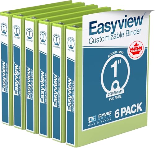 Image of Easyview 3-Ring Binder, Clear-View Cover, 1 inch Round Rings, Lime Green, 6 Pk | Heavy-duty binder, fits 8.5 inch x 11 inch paper, customizable cover, made in Canada, ideal for school or office use
