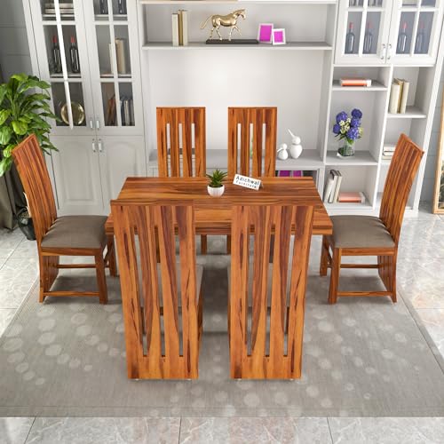 Image of Solid Sheesham Wood 6 Seater Dining Table Set with Cushioned Chairs for Dining Room | Living Room | Home & Office | Hotels Restaurant & Cafe (6 Seater, Honey H)