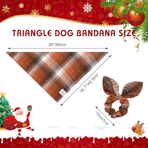 E-Clover Bandana xadrez marrom para cachorro e scrunchie-Fall Dog Bandana triangular xadrez cachecol