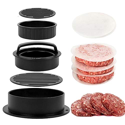 Moldes para hamburguesas 3 en 1 + 100 piezas de papel de hamburguesa para hamburguesas y hamburguesas antiadherentes para hamburguesas rellenas, hamburguesas y hamburguesas regulares