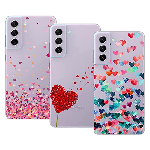 Young & Ming Beschermhoes voor Samsung Galaxy S21 FE 5G, 3 stuks, transparant, TPU-siliconen, zacht, schokabsorberend en krasbestendig, beschermhoes met harttekening