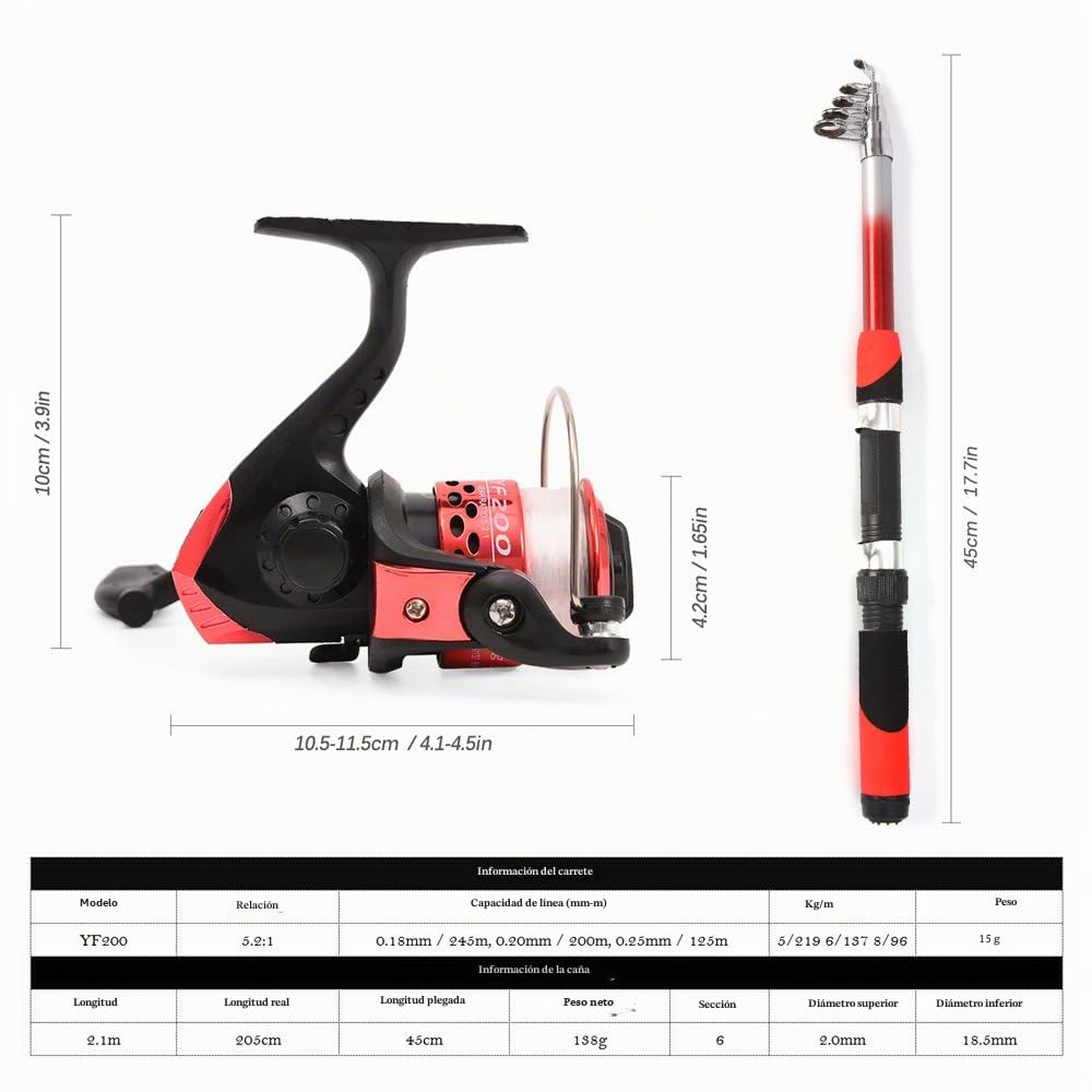 Lixada Kit Completo de Carrete de Caña de Pescar con 2 Cañas de Pescar Telescópicas de 2,1 m, 2 Carretes Giratorios, Señuelos de Pesca, Anzuelos, Accesorios, Bolsa de Pesca multicolor