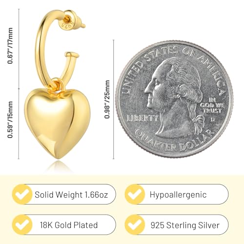 Puffy Gold Heart Earrings for Women 18K Gold Plated 925 Sterling Silver Pearl Hoop Earrings Dangle Hypoallergenic Heart Drop Earrings Jewelry Birthday Gifts for Lover4