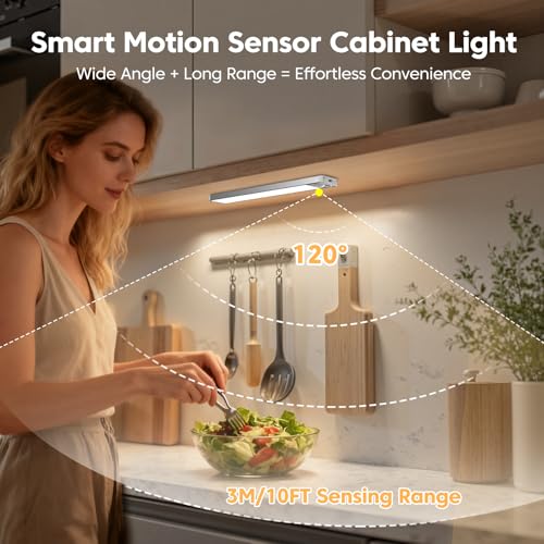 Motion Sensor Under Cupboard Kitchen Lights 20CM - 3-Color Under Cabinet Lighting, Dimmable & Rechargeable Led Strip Light, Magnetic Wireless Indoor Light for Shelf|Stairs |Wardrobe|Closet, 3 Pack