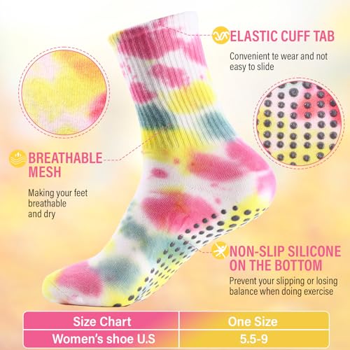 10 Pairs Tie Dye Socks for Women Pilate Yoga Socks Non Skid with Grip Colorful Cushioned Soft Cotton for Slipper Athletic Barre Ballet Dance, Size 36-422