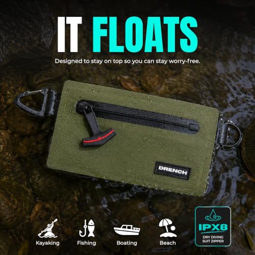 Image of Drench RFID Waterproof Floating Wallet IPX8 Dry Bag for Cards & Cash, Green | IPX8 waterproof RFID wallet for cards, cash & keys with floating design, adjustable lanyard, belt loop & carabiner