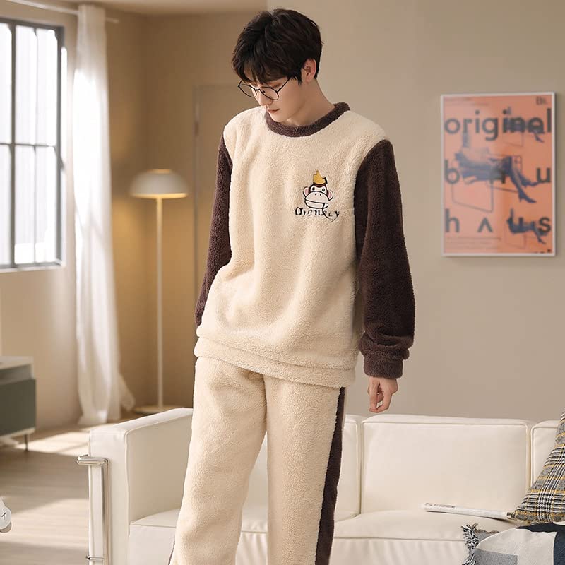 LUBOSE Pigiama da uomo in flanella Pigiama da uomo caldo e confortevole Pigiama invernale da uomo 2 pezzi (L, Beige)