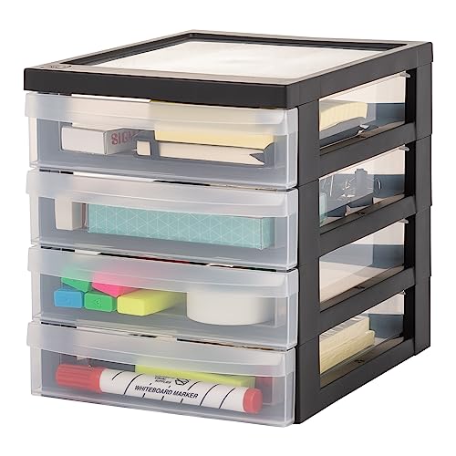 Iris Ohyama, Tour de Rangement Plastique, 4 Petits Tiroirs, Noir, Ouverture Facile, Format A5, Meuble, Organisateur, Fournitures, pour Bureau, Fourniture Scolaire,...