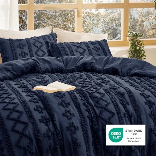 Image of Bedsure Tufted Boho Comforter Set King Size - Navy Boho Bed Set, GentleSoft 3 Pieces Farmhouse-Style Embroidery Bedding, Gifts for Woman, Soft Jacquard Kids' King Comforter for All Seasons