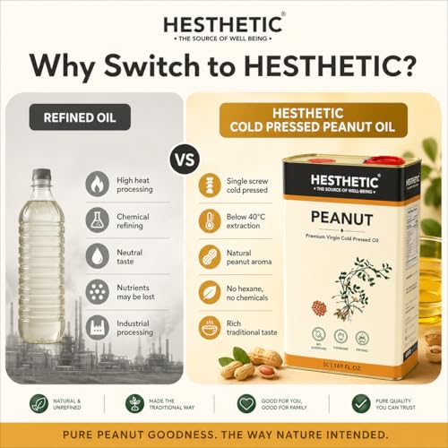 Image of HESTHETIC Cold Pressed Peanut (Groundnut) Oil 5L Family Pack | Pure Moongfali Ka Tel | Unrefined High-Smoke-Point Cooking Oil, Rich in MUFA | Ideal for Indian Kitchen