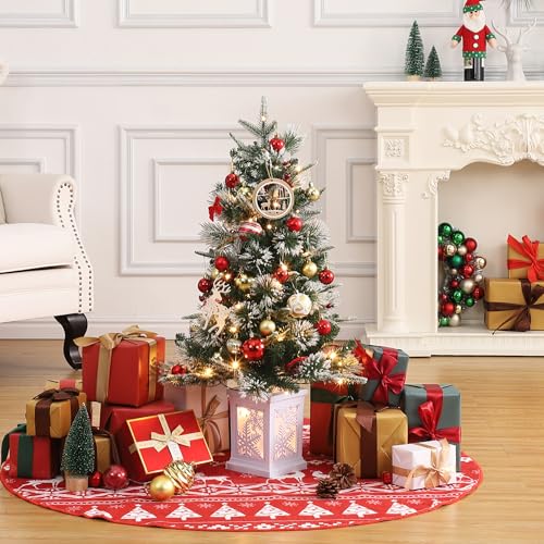 GarveeHome 3ft Small Christmas Tree Pre-Lit Artificial Christmas Tree with 78 Led Lights, Snow Flocked Xmas Tree with Brown Base, Timer Function, Battery Operated, for Home Decor