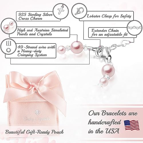 Image of Baby Crystals Pink Pearl Personalized Charm Bracelet for Girls, Sterling Silver Initial Charm Cross Charm Bracelet, Baptism Gifts for Girl, First Communion Christening, Keepsake Girls Jewelry