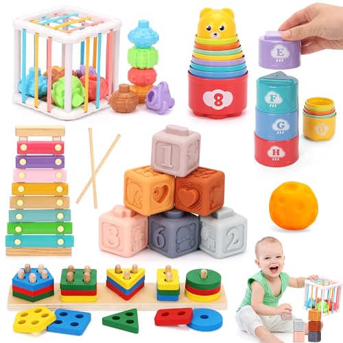 Image of FlufiFiea 6 in 1 Montessori Baby Toys 6-12-18 Months Infant Sensory Developmental Toys Set, Toddler Gift Early Learning Baby Toys for 1 Year Old Boys Girls