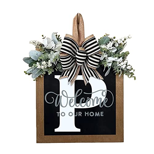 Sxhlseller para Puerta de Entrada Durante Todo el Año con Letra de Apellido para Decoración para Todas las Estaciones, Regalo Ideal para Fiestas de Primavera, Material de Madera (#4)