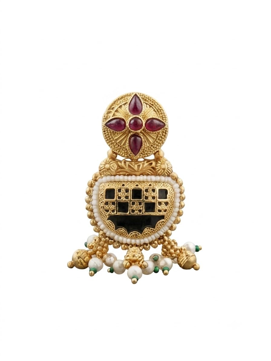 Artisan Gold Traditional Rajwadi Finger Ring with Pearl Drops-image-48