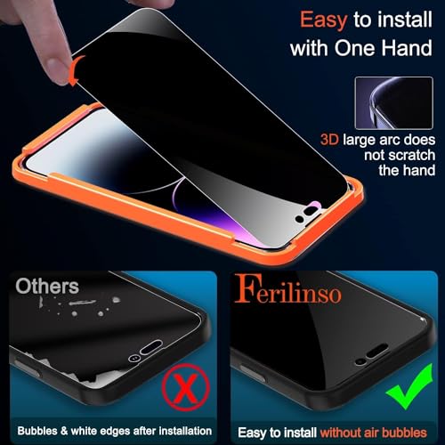Image of Ferilinso Privacy Screen Protector for iPhone 14 Pro Max, Tempered Glass | 3 Pack, 9H+ Hardness, Military-Grade Shatterproof, Case Friendly, Easy Installation Bubble Free, with Camera Lens Protector