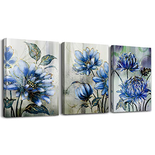 3 Piece Canvas Wall Art for Living Room - watercolor Blue flower - bathroom decor wall art Modern Home Decor Room Stretched and Framed Ready to Hang - 16