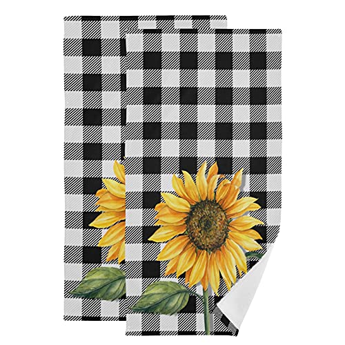 Alaza Sunflower Kitchen Towels Black Plaid Sunflower Buffalo Dish Towels Set 2 Bathroom Towels Bath Towels Absorbent Soft Hand Towel Guest Towel Quick Drying Buffalo Plaid Kitchen Decor #TOP4