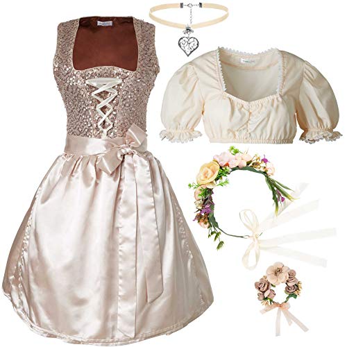dressforfun 950012 Damen Trachtenset, 5-teilig, Glitzerndes Dirndl + beige Trachtenbluse mit Halskette, Armschmuck und Blumenkranz - Diverse Größen (Dirndl XL | Bluse XL | Nr. 350150)
