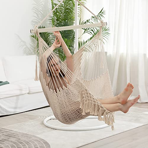 Hammock Chair, Large Hanging Chair, Soft Cotton Rope Swing Chair with High Load-Bearing Metal Rod,Indoor Outdoor Garden Yard Living Room Beige by YAERSI - Image 4