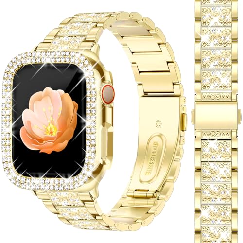Newlibery Bling Watch Bands with Bling Case for Women Compatible with Apple Watch Band 40mm Elegant Dressy Jewelry Replacement Metal Link Wristband Protector Cover for iWatch Series 6/5/4/SE Gold