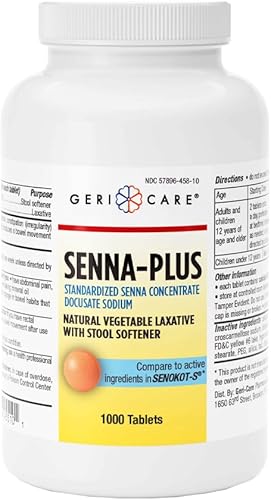 GeriCare Senna Plus Laxantes Tabletas 50 mg / 8,6 mg Fuerza Docusate Sodio/Sennósidos (1000 Tabletas)