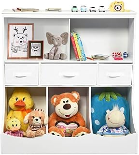 Maxmass Childrens Storage Bookcase, 3-Tier Kids Toy Storage Cabinet with 5 Open Cubes and 3 Detachable Drawers, Wooden book Storage Rack for Study, Bedroom, Nursery (White)