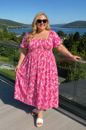 Image of RITERA Plus Size Dresses for Curvy Women Square Neck Short Sleeve Summer Floral Smocked Maxi Dress with Pocket XL-5XL