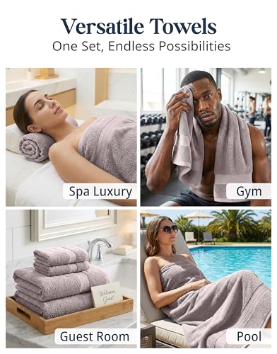 Image of LANE LINEN Towel Set Quick Dry 100% Cotton 6 Piece Soft - Platinum | Cotton Bath Towel Set - Ring-Spun Durability, Ring-Spun Cotton, Terry Weave Comfort, Long-Lasting Comfort, Hotel-Style Look