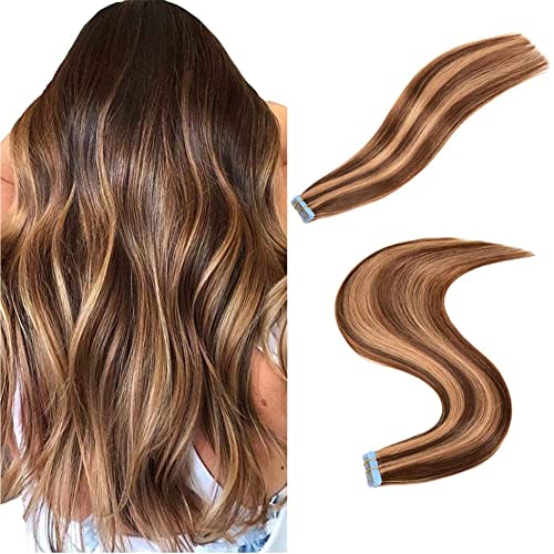 ABCBAOBAO 14 Inch Tape in Hair Extensions Human Hair 20pcs 50g Chocolate Brown to Light Blonde Piano Color Silky Straight Remy Tape Glue in Hair Extensions with 12 Pieces Replacement Tape #4 27