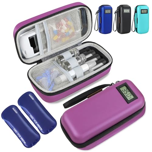insulin cooler travel case portable temperature display medicine travel cooler diabetes case with 2 reusable ice packs tsa approved for diabetic supplies patent pendingpurple