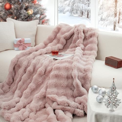 July Cute Pink Faux Rabbit Fur Throw Blanket, Cozy Plush Bubble Blanket for Couch, Reversible Plush Warm Fleece Fluffy Blanket for Winter, 50" x 60", SC-PK5060