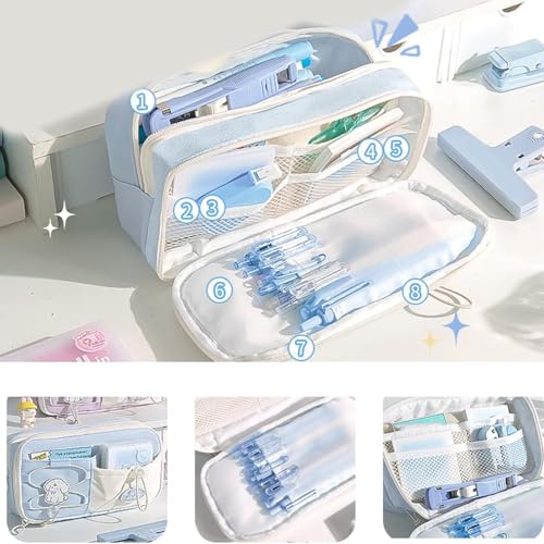 Image of Dog Light Blue Pencil Pouch for Girls, Large Capacity Sea Salt Blue Multi-Compartment Zipper Pencil Case with Front Pocket & Elastic Organizer, Cute Stationery Bag