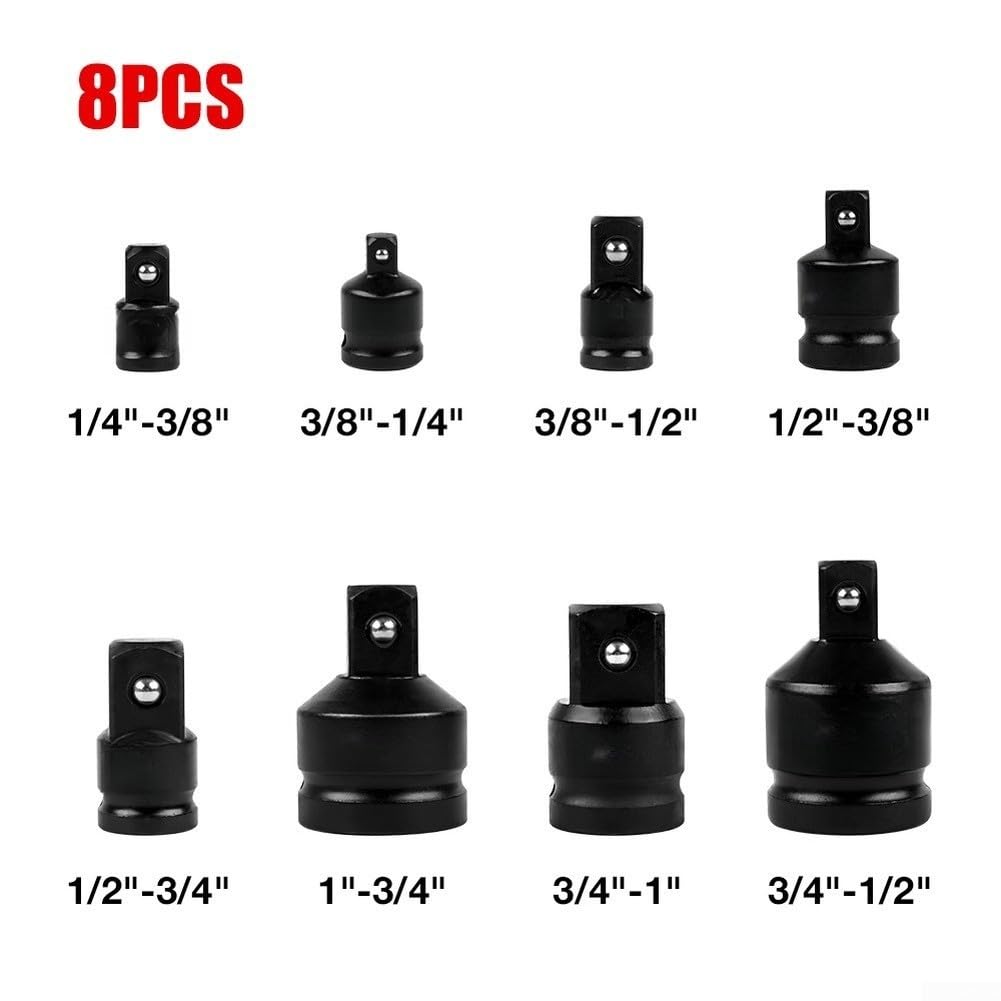Juego de 8 Adaptadores de Cromo Vanadio Negro para Herramientas Neumáticas y Eléctricas con Estuche Organizador 19x15cm