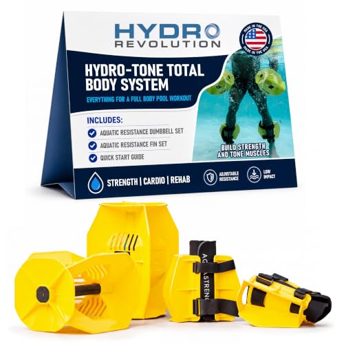Aquastrength Hydro-Tone Total Body Pool Exercise System, Isokinetic Functional Water Weights, Bells 12" x 7.5", Fins 6.5" x 2.5", Quick Start Guide Included, Yellow