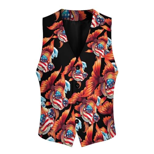 Japanese Fish USA Flag Eyesglasses Men's Suit Vest Waistcoat Vests Formal Dress with 2 Pockets for Business Casual Tuxedo3
