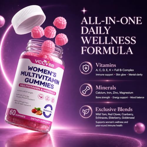Image of All-in-One Women's Multivitamin Gummies with Complete Vitamin & Mineral Complex, Herbal Blends for Energy, Overall Health, High Potency Hair Skin and Nails Vitamins, Strawberry Flavor, 2 Pack