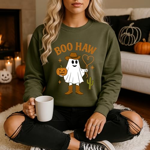BOO HAW Cowboy Ghost Sweatshirt, Halloween Western Pullover, Pumpkin Cowboy Crewneck4
