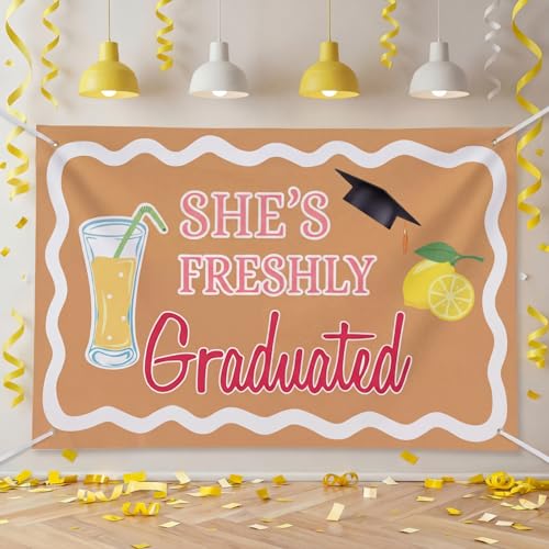 Breling 2026 Graduation Lemonade Bar Decoration 70.87 x 43.31 inch Shes Freshly Graduated Backdrop Fun Congrats Grad Banner for Lemonade Bar Graduate Party Supplies Photo Booth Props
