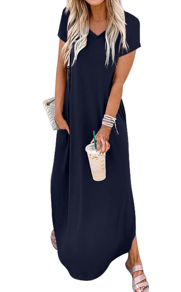 Jeqeocafy Women Summer Long Sundress Crewneck Short Sleeve Maxi Dress 2026 Casual Loose Beach Dress with Pockets