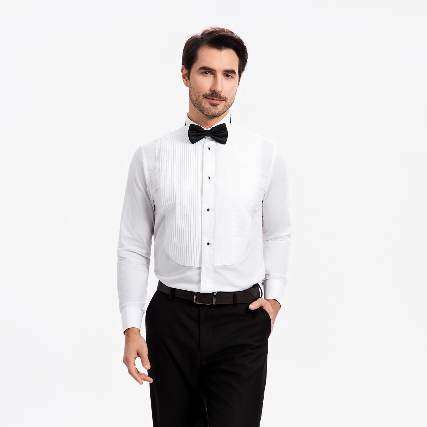 Camicia da smoking da uomo, con colletto ad aletta, polsini francesi, plissettata sul davanti, camicia formale elasticizzata, a maniche lunghe, colore bianco