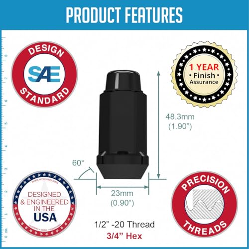 Image of Wheel Accessories Parts 32 Pcs 1 /2 inch-20 Thread Bulge Acorn 1.90 inch Long Lug Nuts Black Chrome 3 /4 inch 19mm Hex Fits Dodge D200 D250 D350 Chevy C20 C30 K20 K30