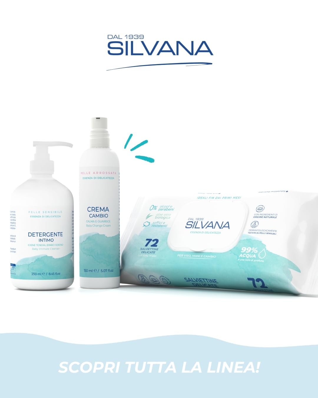 Silvana Salviettine Delicate per neonati e bambini – 99% Acqua– Pelli Sensibili – Senza Alcol (24 confezioni da 72)