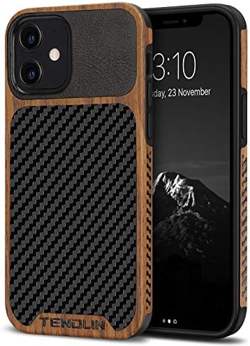 TENDLIN Compatible with iPhone 12 Case/iPhone 12 Pro Case Wood Grain with Carbon Fiber Texture Design Leather Hybrid Case